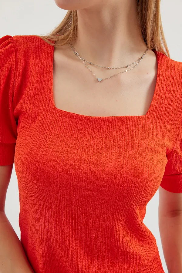 0409 Square Neck Knitted Blouse - Oranje