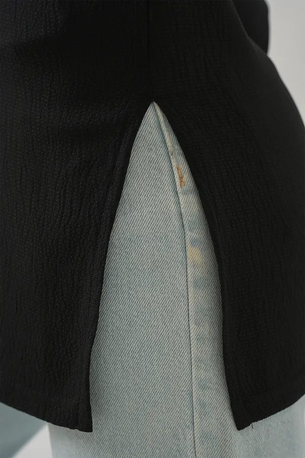 4332 Yanı Yırtmaçlı Örme Tişört - Siyah