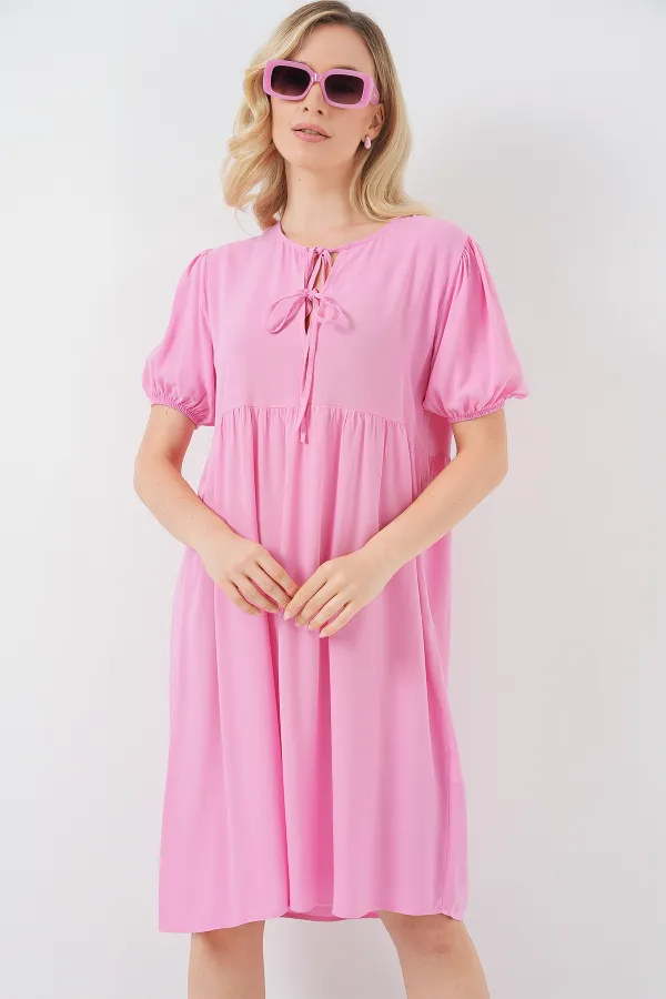 Kadın Bağcıklı Midi Elbise 2575 - Pembe
