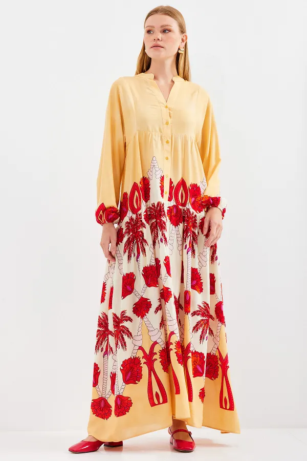 Robe hijab en viscose jaune et rouge pour femme 2423