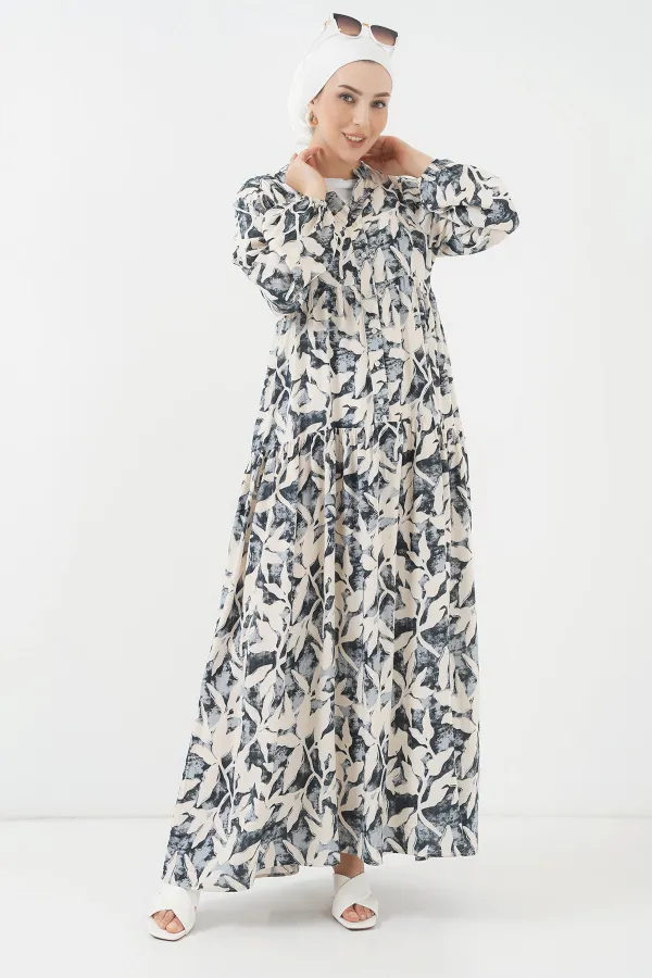 2423 Authentic Patterned Hijab Dress - V. Anthracite