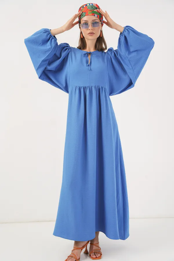 Robe longue hijab à manches ballon pour femme 2464 - Indigo