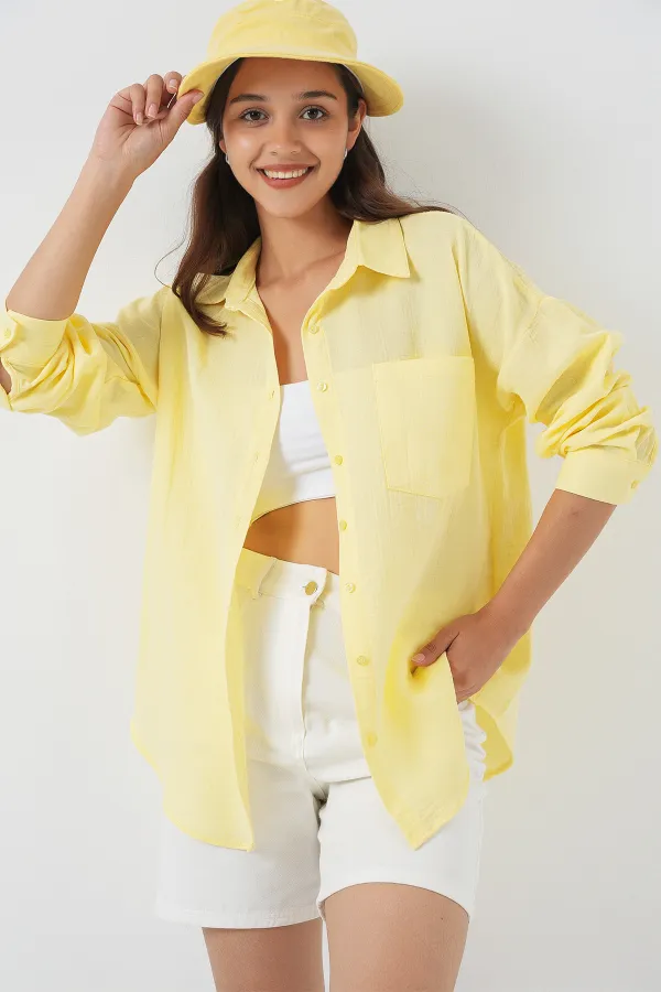 Chemise oversize en lin à poche unique 20153 - Jaune clair Chemise oversize en lin à poche unique 20153 - Jaune clair