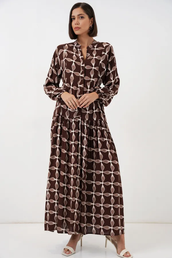 Kadın Desenli Uzun Tesettür Elbise 2585 - A.Kahve