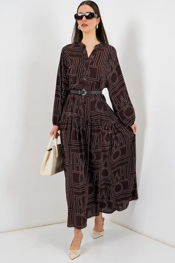 Women's Patterned Long Hijab Dress 2585 - Dark Brown