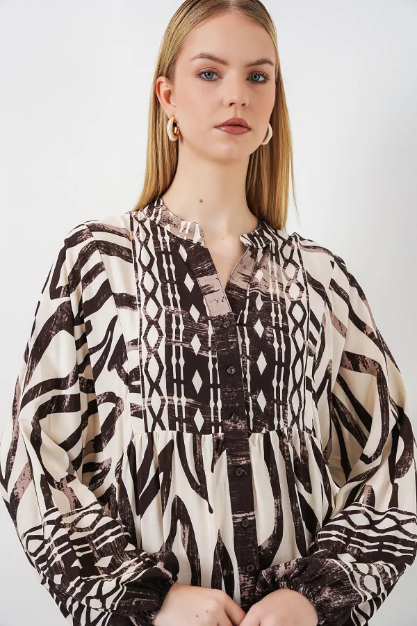 Kadın Desenli Uzun Tesettür Elbise 2585 - K. Taba