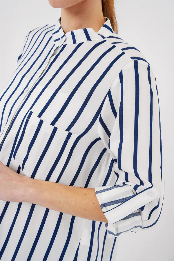 Kadın Uzun Kollu Çizgili Gömlek 20283 - B.Lacivert