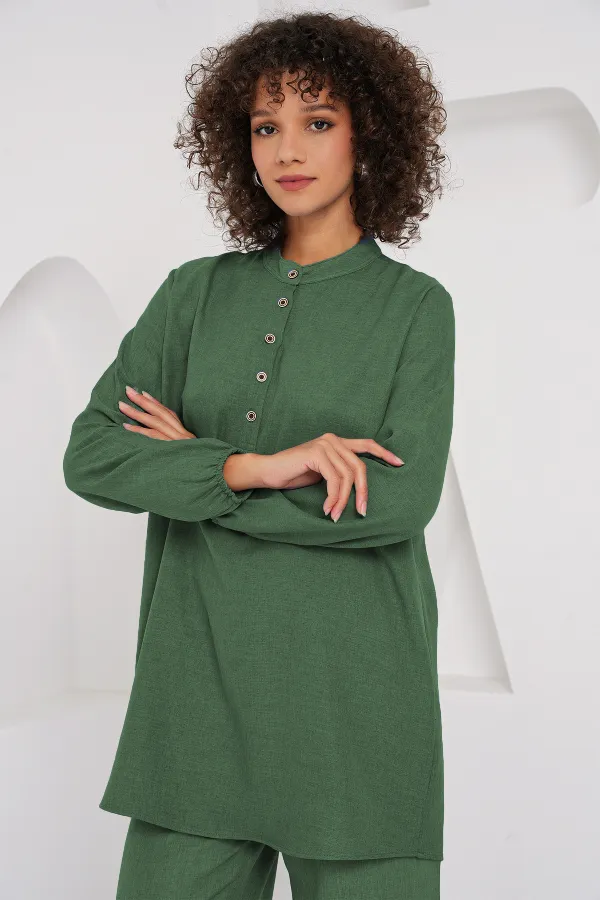 6678 Linen Tunic Trousers Two-Piece Suit - Emerald Green