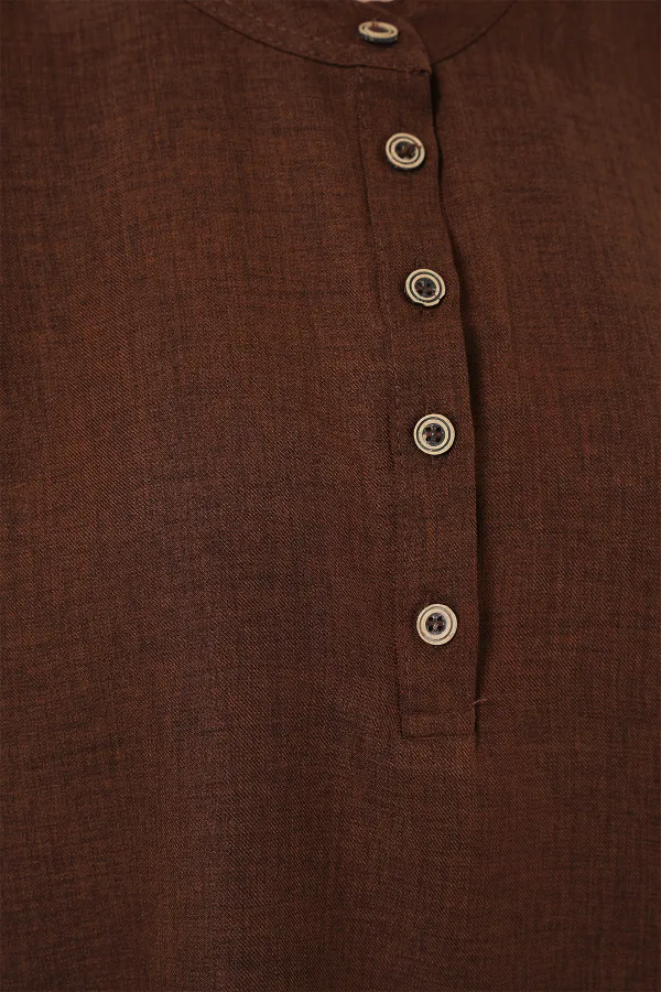 6678 Linen Tunic Trousers Two Piece Suit - Brown