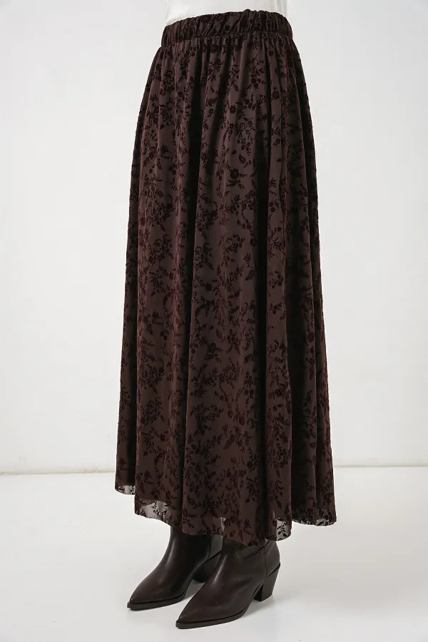 Kadın Desenli Astarlı Etek 8075 - Kahverengi