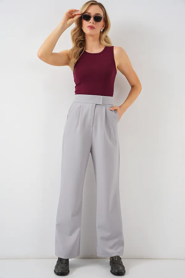 Pantalon en tissu taille haute 6612 - Gris
