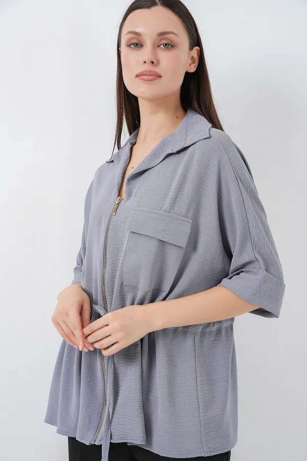 Fermuarlı Kadın Gömlek 0721 - Gri