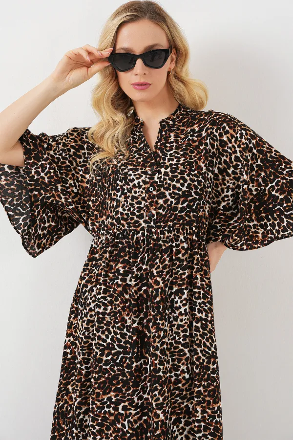 Kadın Desenli Kısa Kol Elbise 2562 - C. Kahverengi