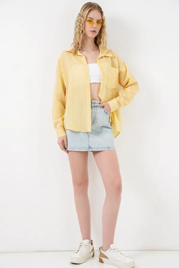 Kadın Tek Cepli Çizgili Oversize Gömlek 20375 - Sarı Kadın Tek Cepli Çizgili Oversize Gömlek 20375 - Sarı
