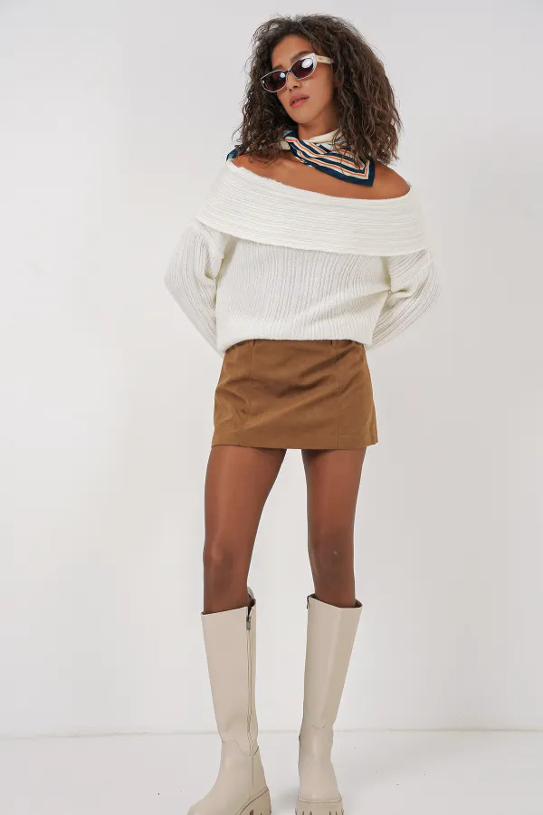 Pull oversize en maille à épaules dénudées pour femme (réf. 15908) - Blanc