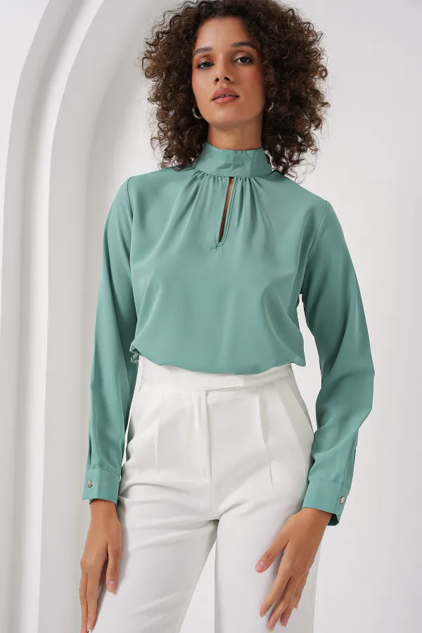 0418 Window Detail Blouse - Aqua Green