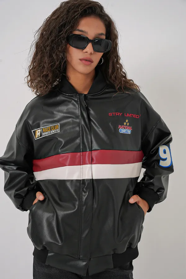 0698 Blouson aviateur en similicuir imprimé - Noir