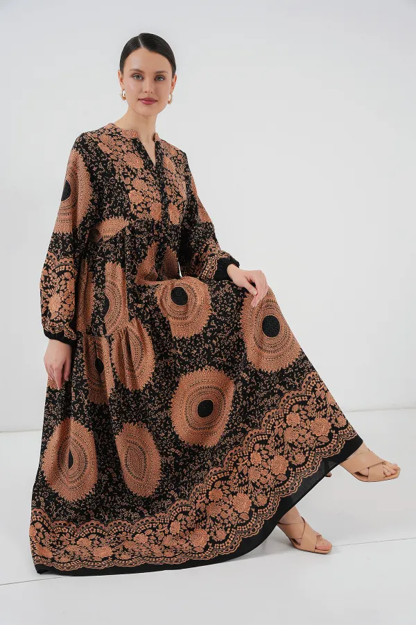 Robe hijab à motifs authentiques 2423 - Noir - Beige