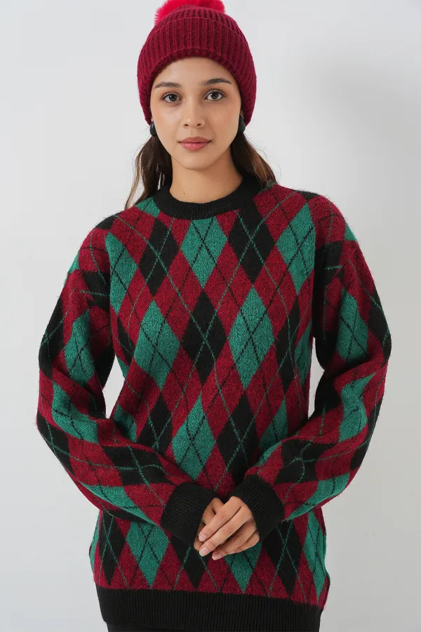 Kadın Baklava Desenli Triko Kazak 15929 - Bordo