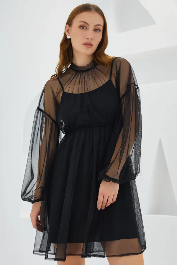 Robe courte noire en tulle pour femme, ornée de détails, référence 2485