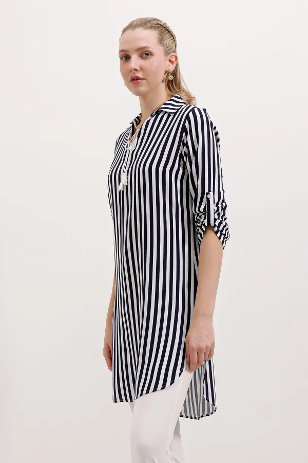 5613 Yaka Bağcıklı Çizgili Tunik - Lacivert