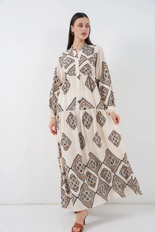 Robe longue hijab à motifs pour femme 2585 - Écru