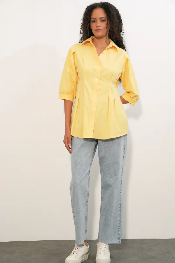 Women's Long Waist-Fitting Shirt 20383 - Yellow Women's Long Waist-Fitting Shirt 20383 - Yellow