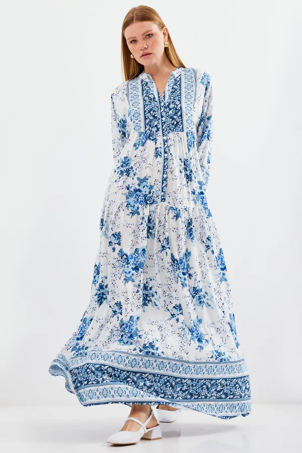 Women's Blue White Viscose Hijab Dress 2423