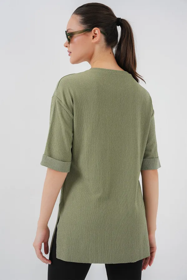 4332 Yanı Yırtmaçlı Örme Tişört - Çağla