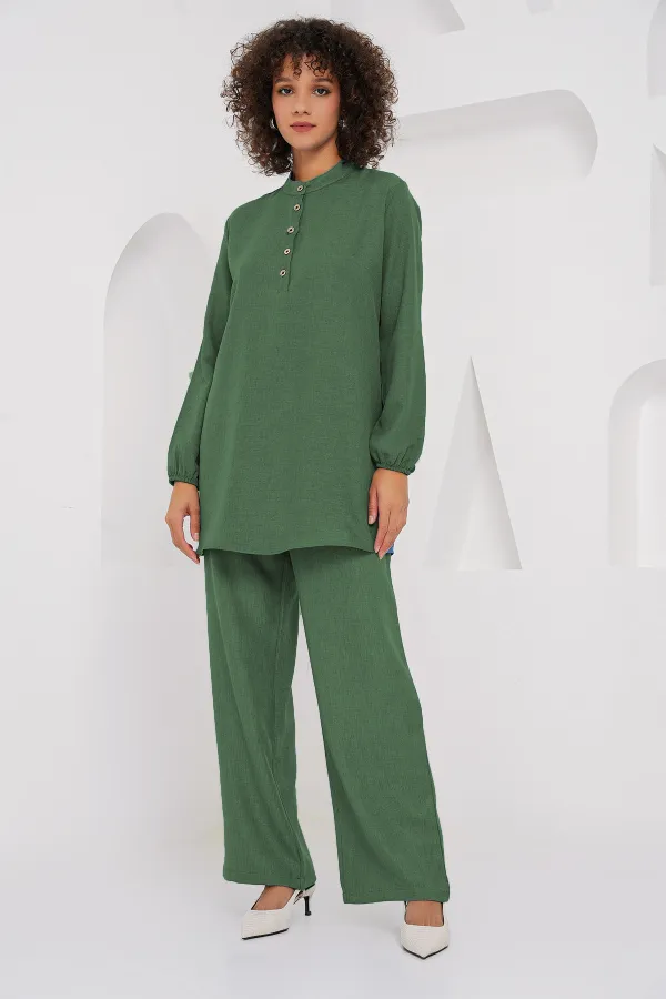 6678 Linen Tunic Trousers Two-Piece Suit - Emerald Green