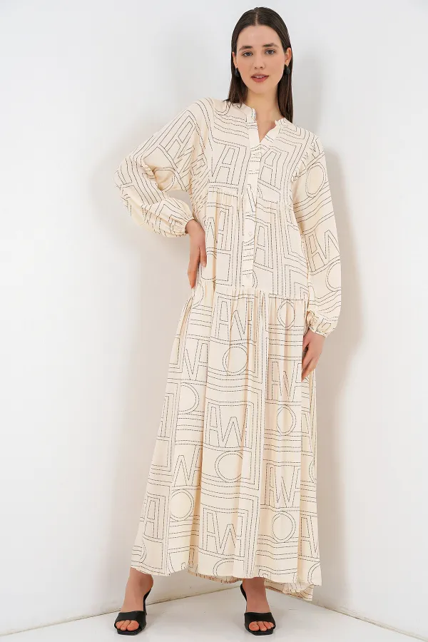 Robe longue hijab à motifs pour femme 2585 - Crème unie