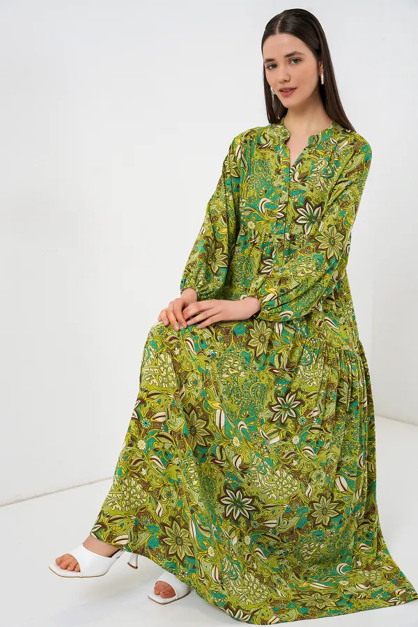 Kadın Desenli Uzun Tesettür Elbise 2585 - G.Yeşil