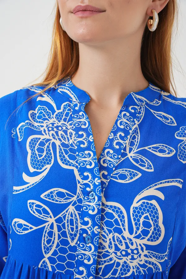 Kadın Desenli Uzun Tesettür Elbise 2585 - Saks