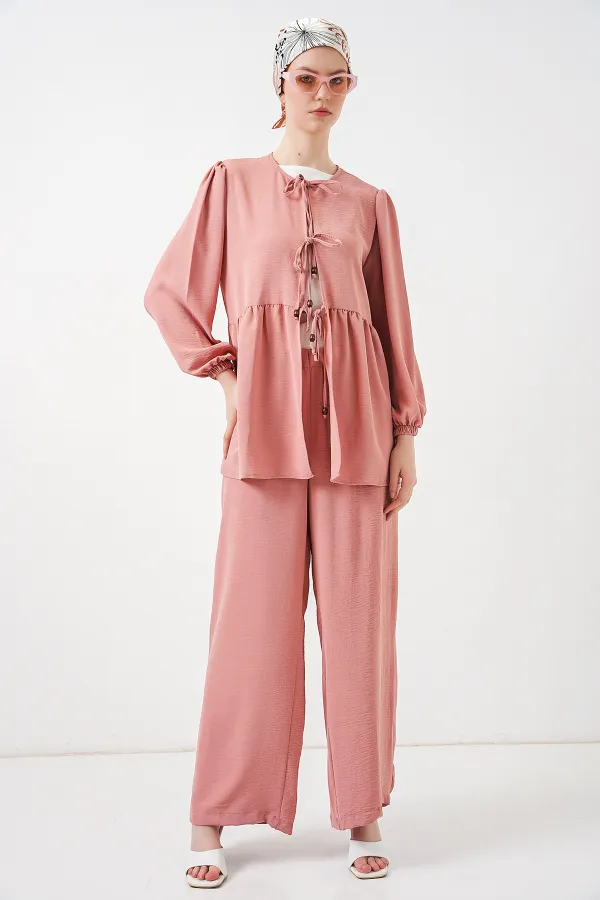 Kadın Önü Bağcıklı Tunik Pantolon İkili Takım 6744 - Pudra