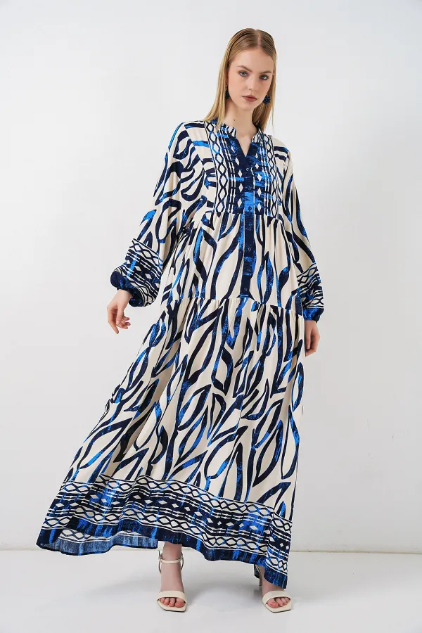 Kadın Desenli Uzun Tesettür Elbise 2585 - T. Lacivert