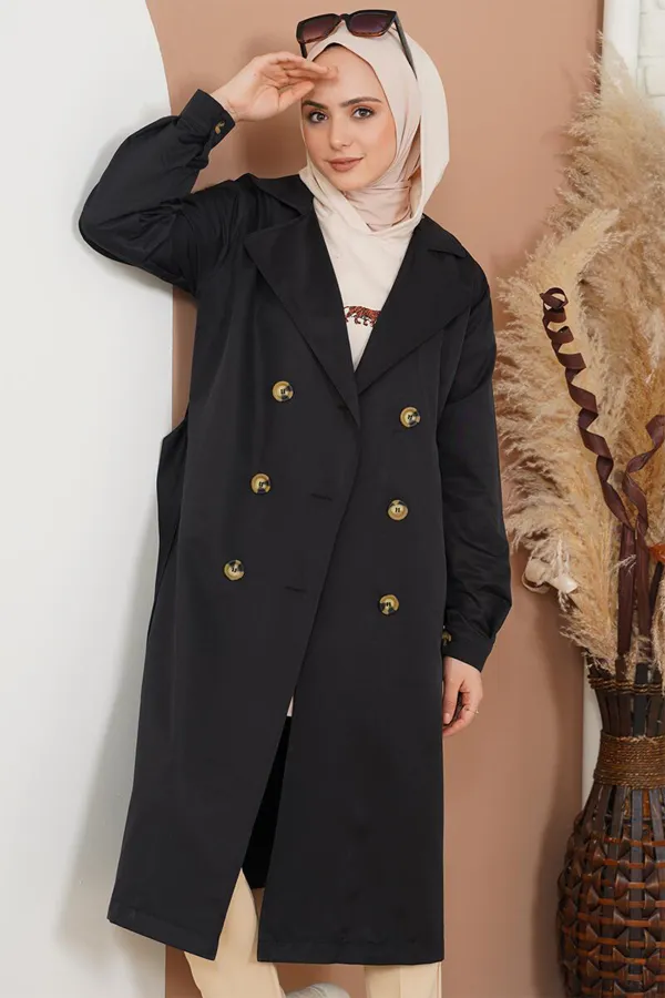 T5853 Double-Breasted Hijab Trench Coat - Black T5853 Double-Breasted Hijab Trench Coat - Black