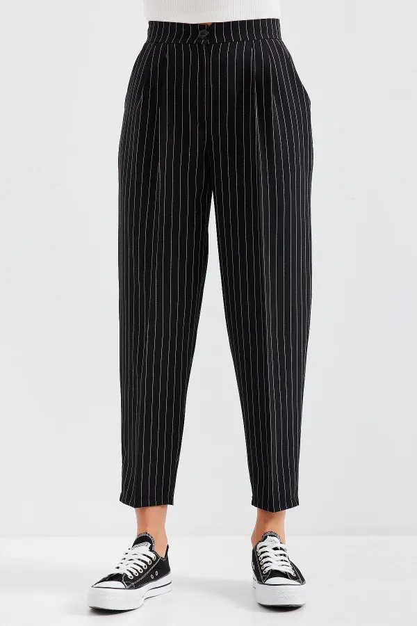 6637 High Waist Striped Fabric Trousers - Black