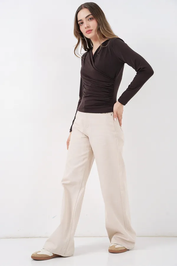 939 Anvelop Yaka Sandy Bluz - Kahverengi