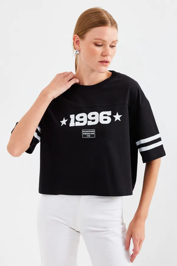 4322 Baskılı Oversize Basic Tişört - Siyah