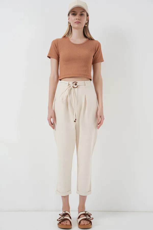 6660 Kemerli Keten Pantolon - Krem