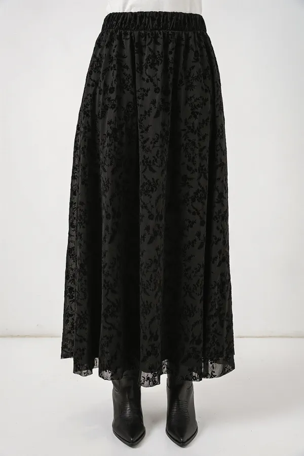 Kadın Desenli Astarlı Etek 8075 - Siyah