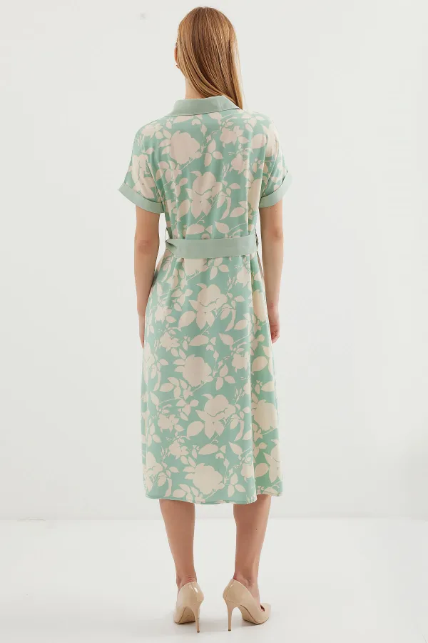 2455 Desenli Gömlek Elbise - Çağla