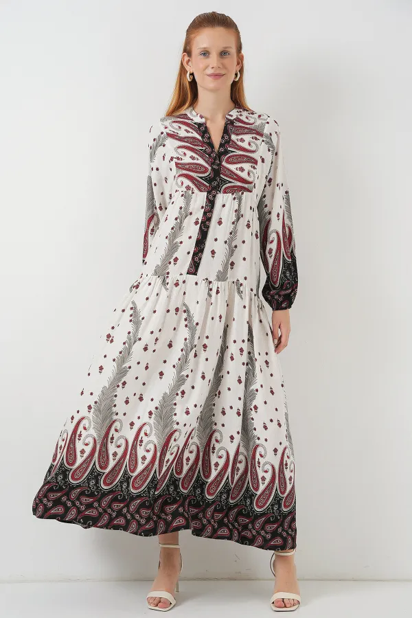 Kadın Desenli Uzun Tesettür Elbise 2585 - A.Kırmızı