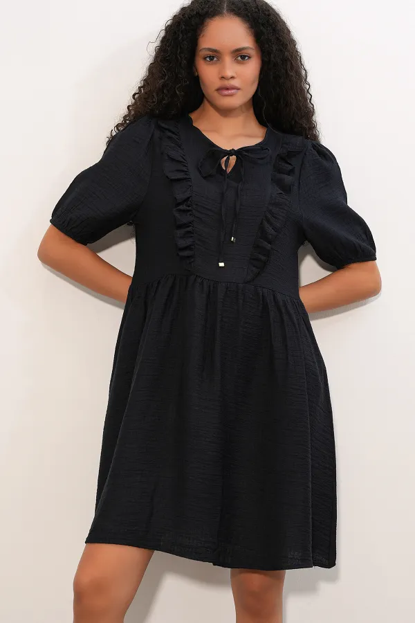 Women's Tie-Neck Short-Sleeve Ruched Dress 2600 - Black