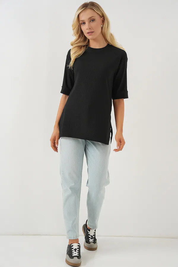 4332 Yanı Yırtmaçlı Örme Tişört - Siyah