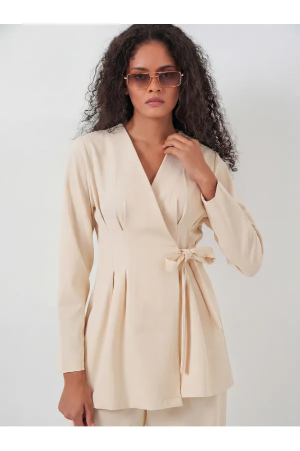 Kadın Kimono Pantolon Kumaş Takım 30054 - Bej