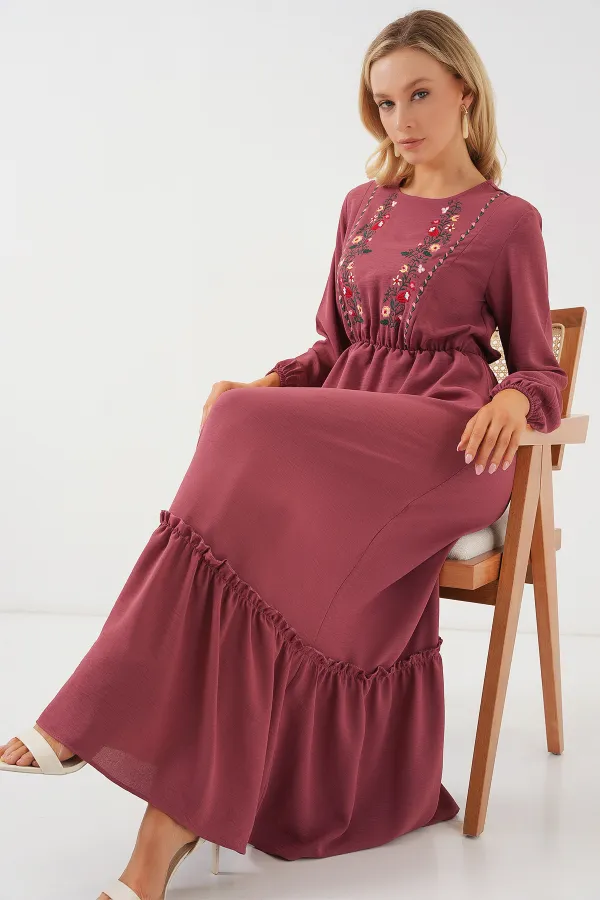 Kadın Nakışlı Uzun Tesettür Elbise 2550 - Gül Kurusu