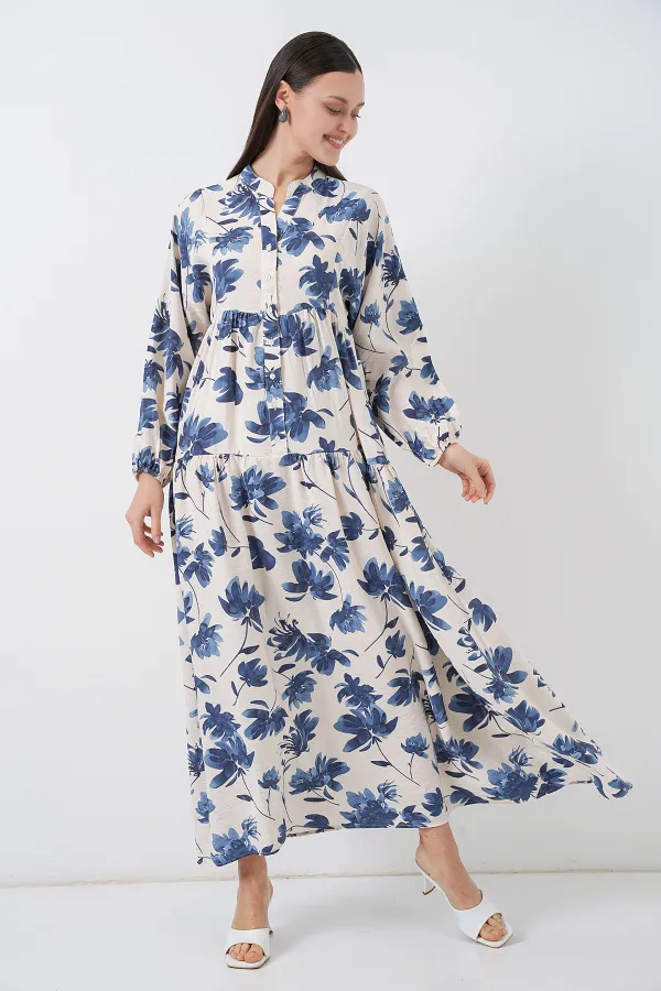 Kadın Lilyum Kumaş Uzun Tesettür Elbise 2593 - İndigo