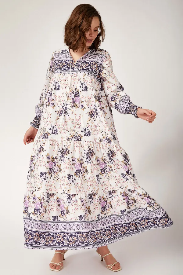 1947 Patterned Long Purple Hijab Dress