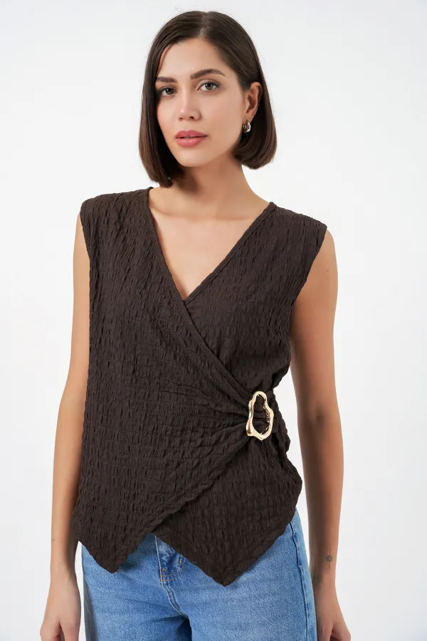 Kadın Sıfır Kol Örme Bluz 988 - Kahverengi